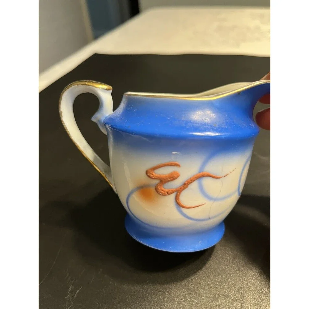 Vintage Dragonware Moriage Blue White Coffee Tea Pot Sugar Creamer Set